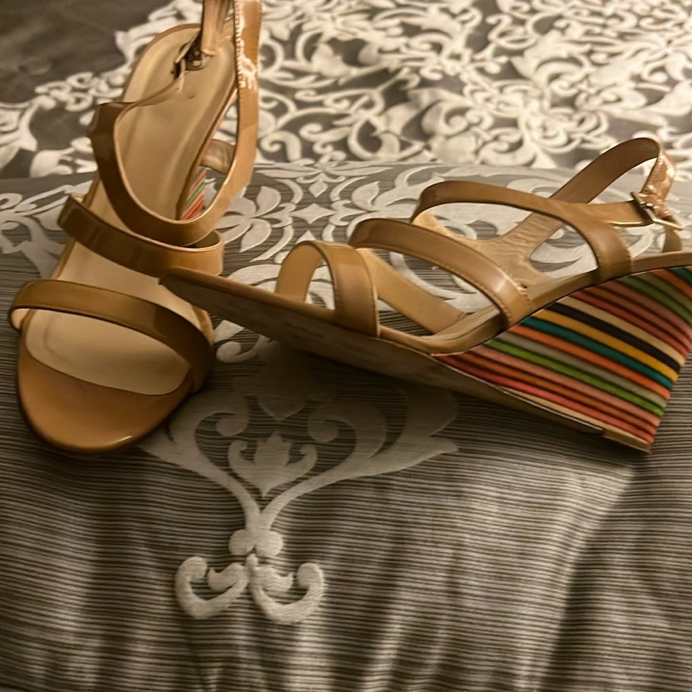 Tan, strapped, multicolored, heel, wedge, sandals,Kate Spade 10